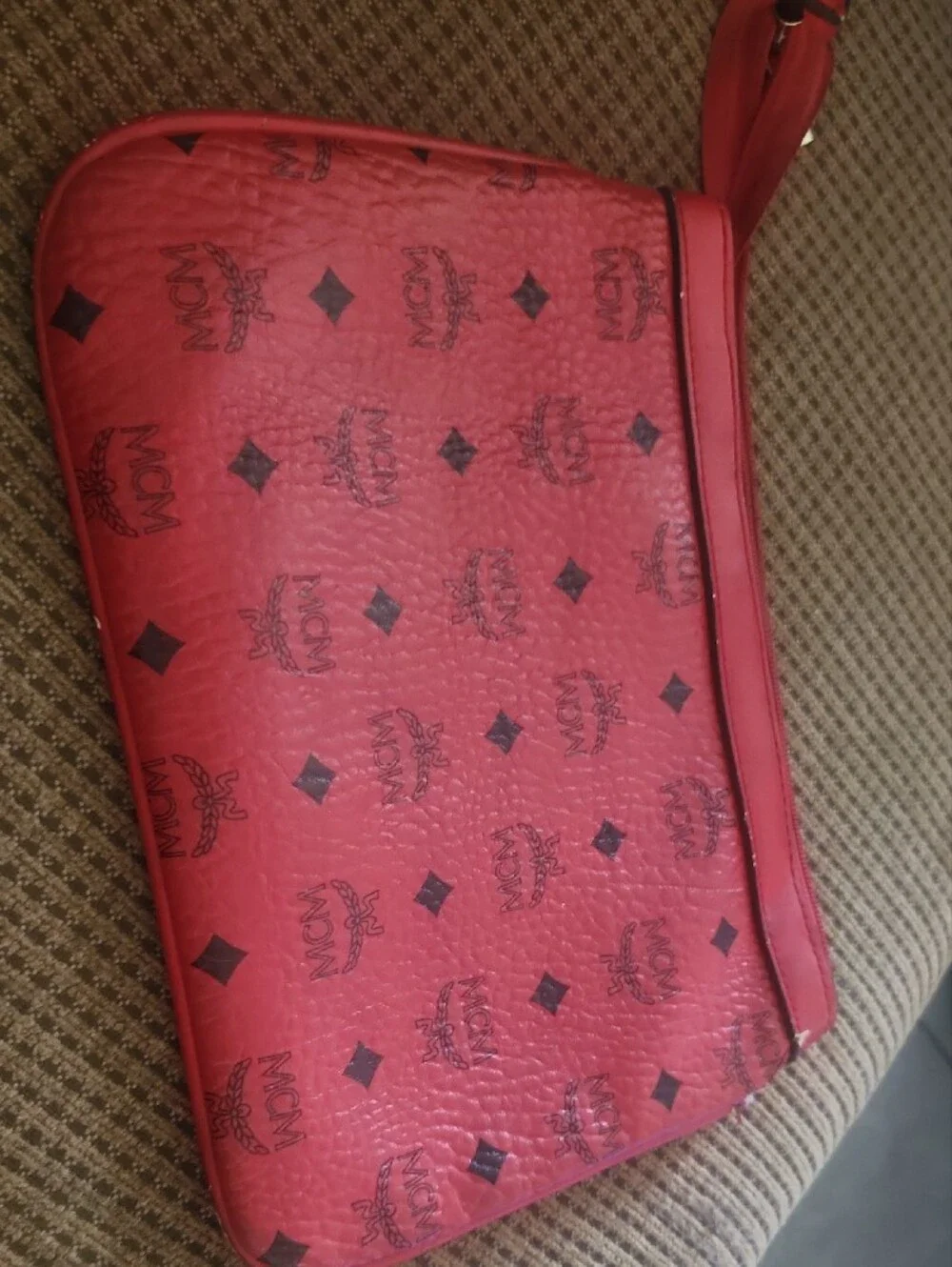 MCM Red Monogram Leather Wristlet Pouch